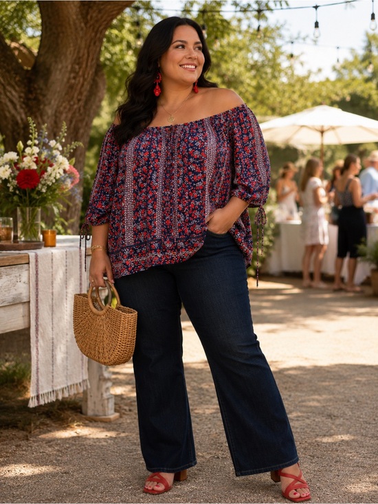 Como Vintage Tops - Como Vintage Navy Tunic with Red Floral Print